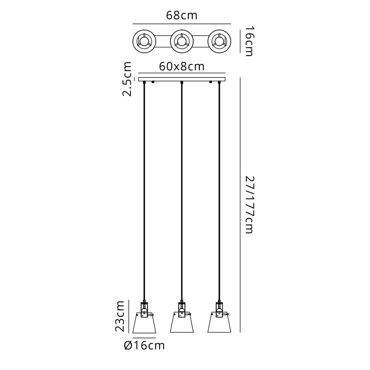 Essington 3 Drop Linear Pendant with Brass and Gold Metal Shades