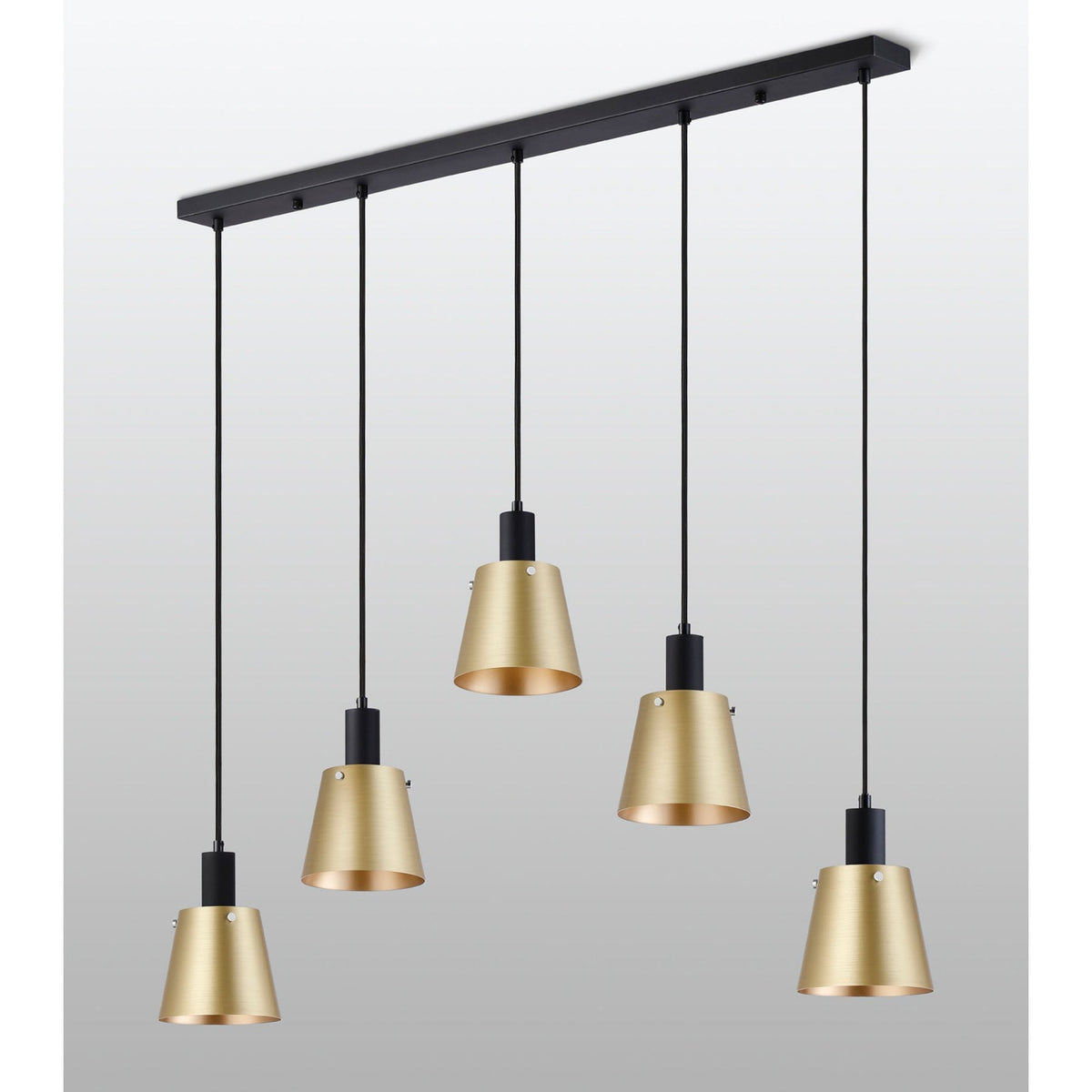 Essington 5 Drop Linear Pendant with Brass and Gold Metal Shades