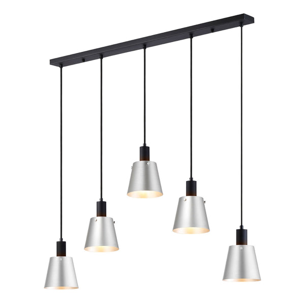 Essington 5 Drop Linear Pendant with Light Grey and Silver Metal Shades