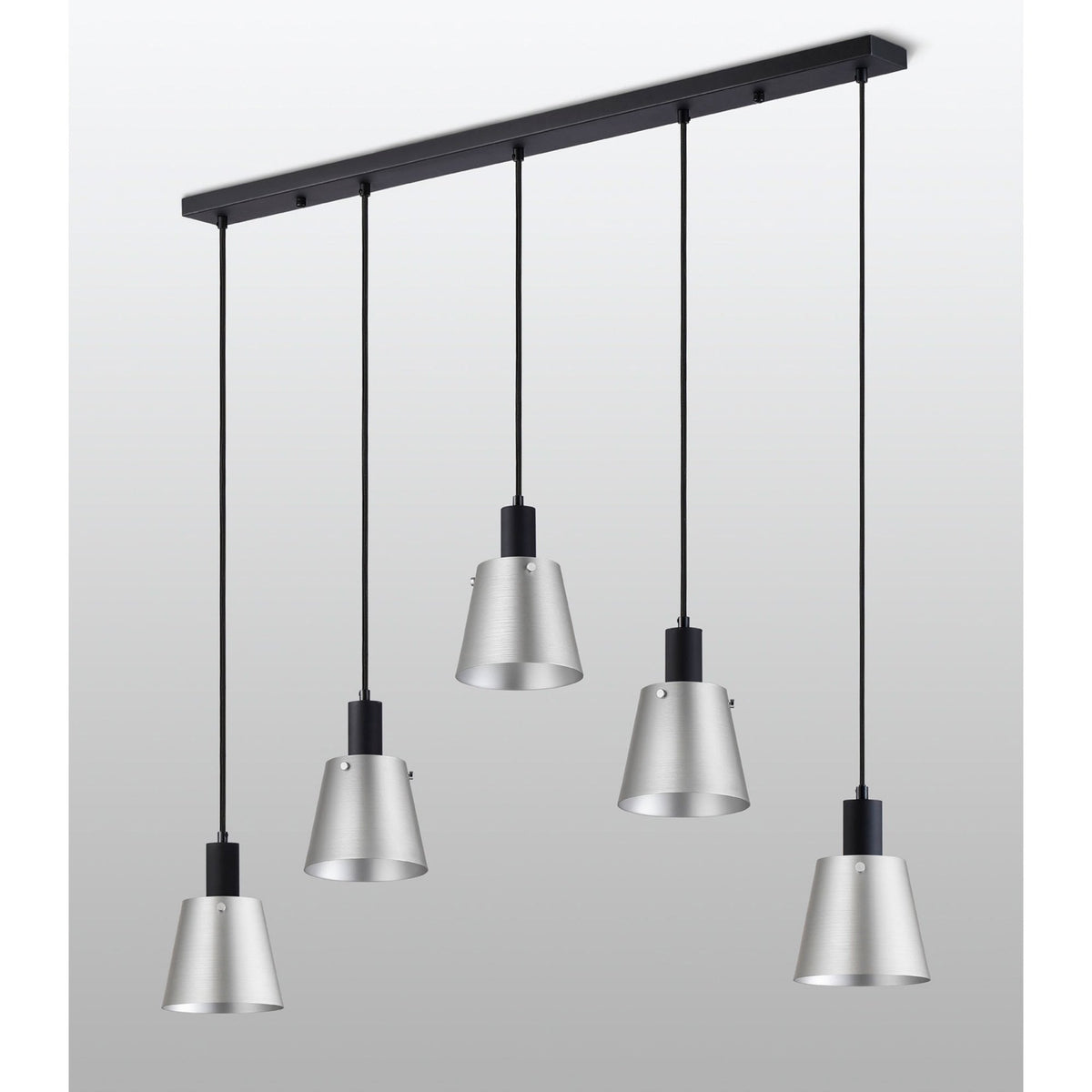 Essington 5 Drop Linear Pendant with Light Grey and Silver Metal Shades