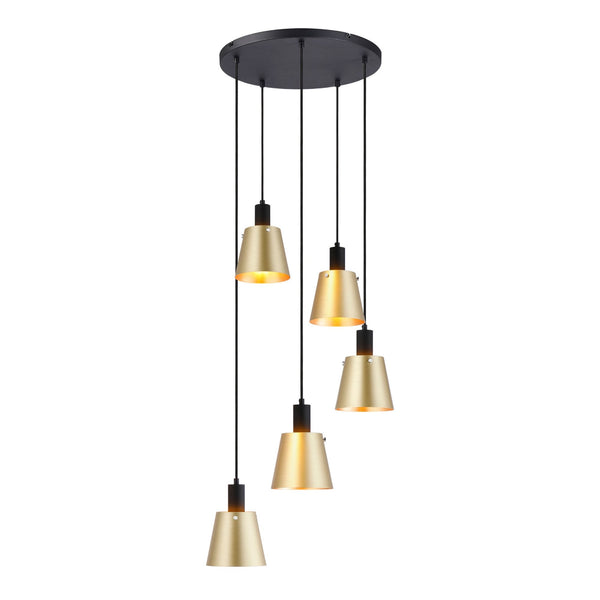 Essington 5 Drop Round Pendant with Brass and Gold Metal Shades