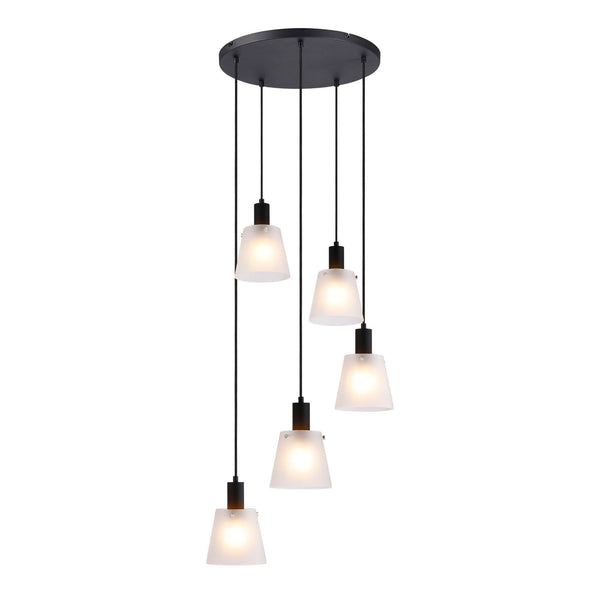 Essington 5 Drop Round Pendant with White Frosted Glass Shades