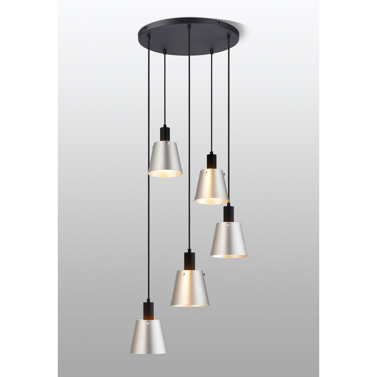 Essington 5 Drop Round Pendant with Light Grey and Silver Metal Shades