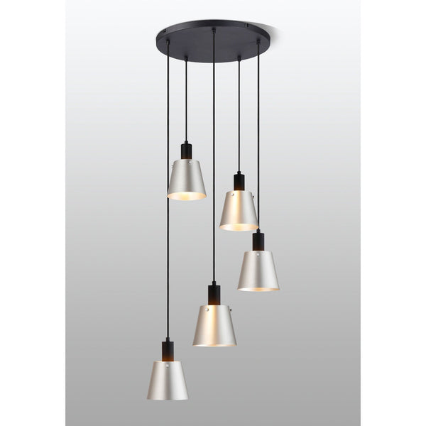 Essington 5 Drop Round Pendant with Light Grey and Silver Metal Shades