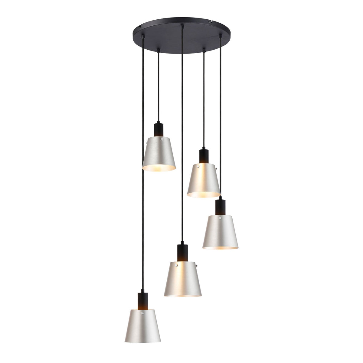 Essington 5 Drop Round Pendant with Light Grey and Silver Metal Shades