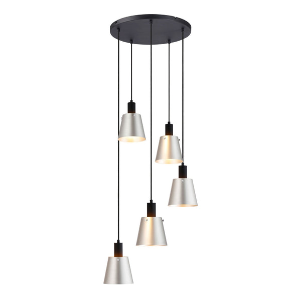 Essington 5 Drop Round Pendant with Light Grey and Silver Metal Shades