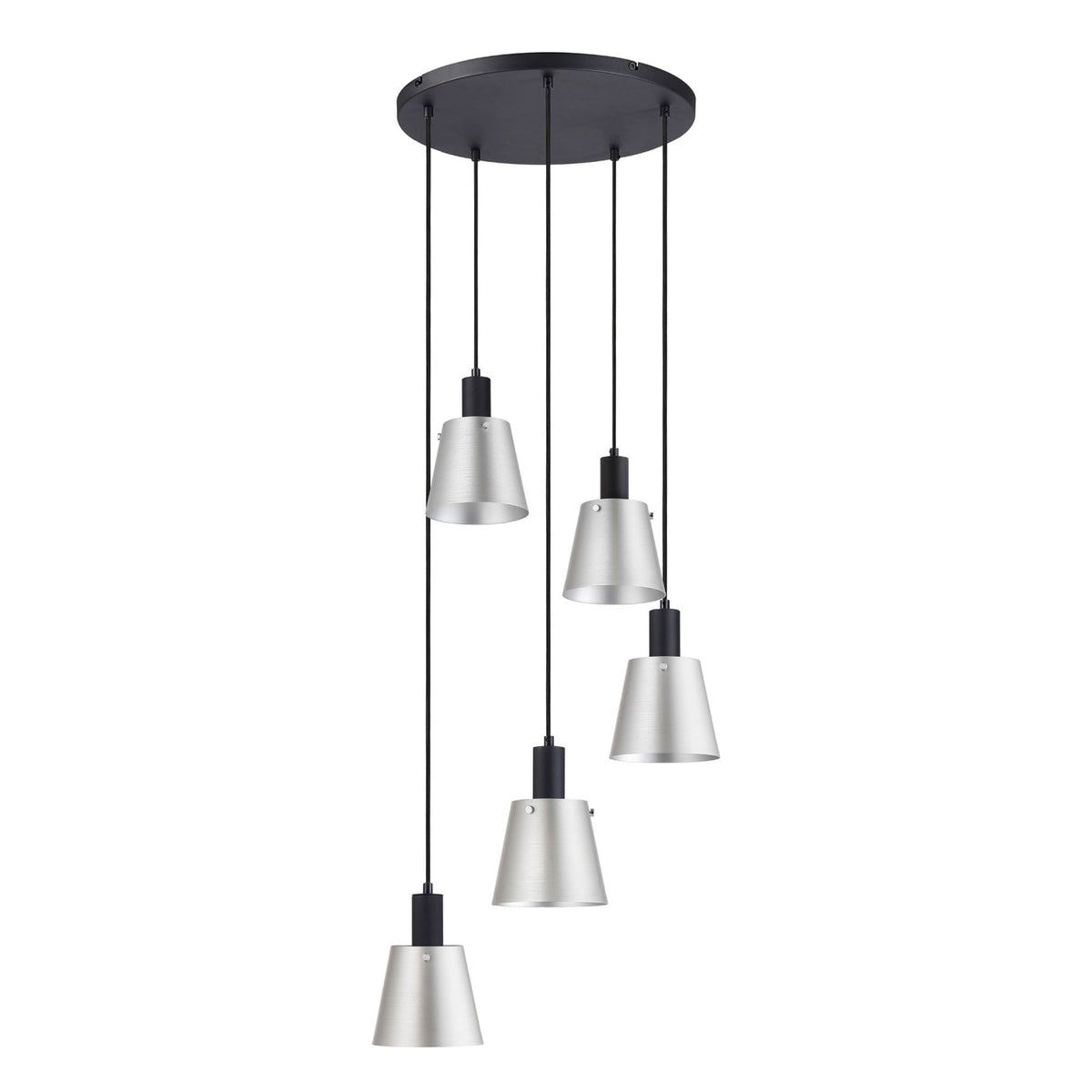 Essington 5 Drop Round Pendant with Light Grey and Silver Metal Shades