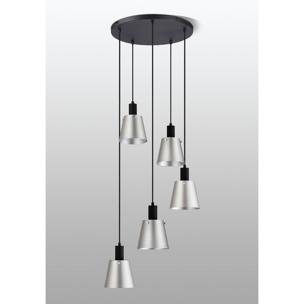 Essington 5 Drop Round Pendant with Light Grey and Silver Metal Shades