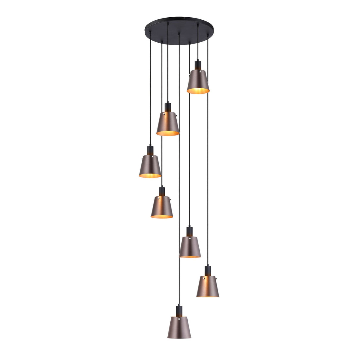 Seven antique copper and black pendant lights hanging from a circular black ceiling rose.