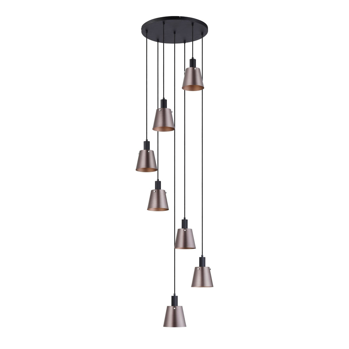 Seven antique copper and black pendant lights hanging from a circular black ceiling rose.