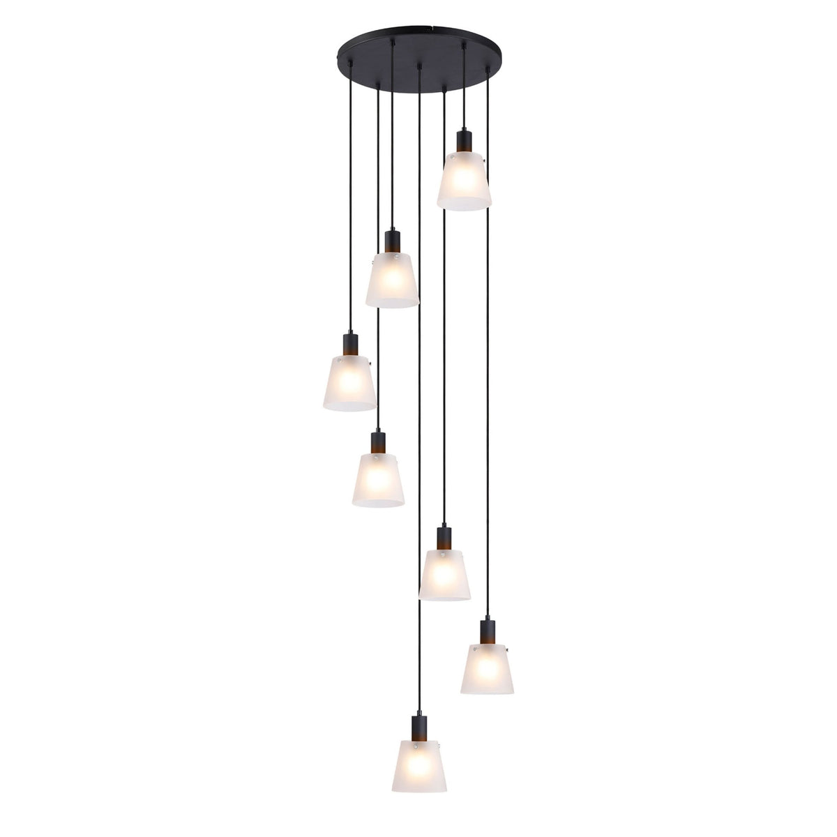 Essington 7 Drop Round Pendant with Frosted White Glass Shades