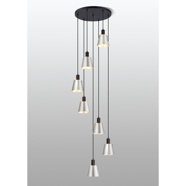 Essington 7 Drop Round Pendant with Grey and Silver Metal Shades