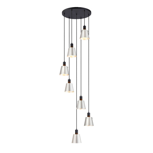 Essington 7 Drop Round Pendant with Grey and Silver Metal Shades