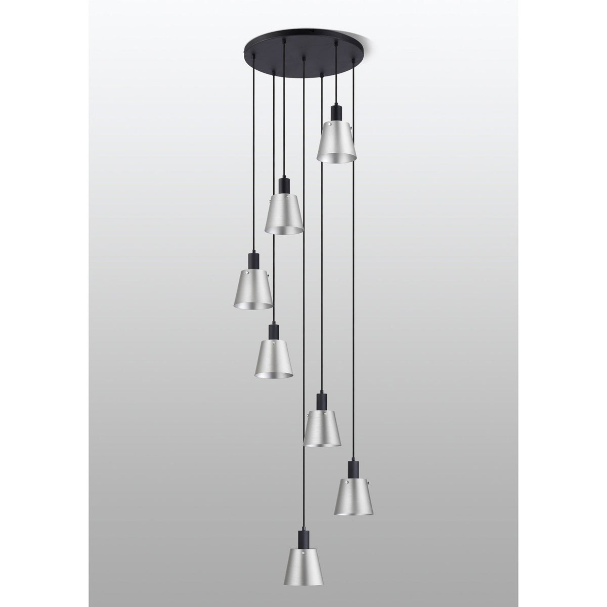 Essington 7 Drop Round Pendant with Grey and Silver Metal Shades