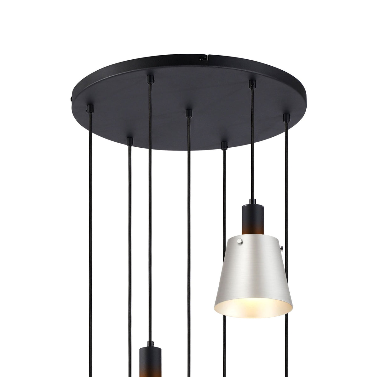 Essington 7 Drop Round Pendant with Grey and Silver Metal Shades