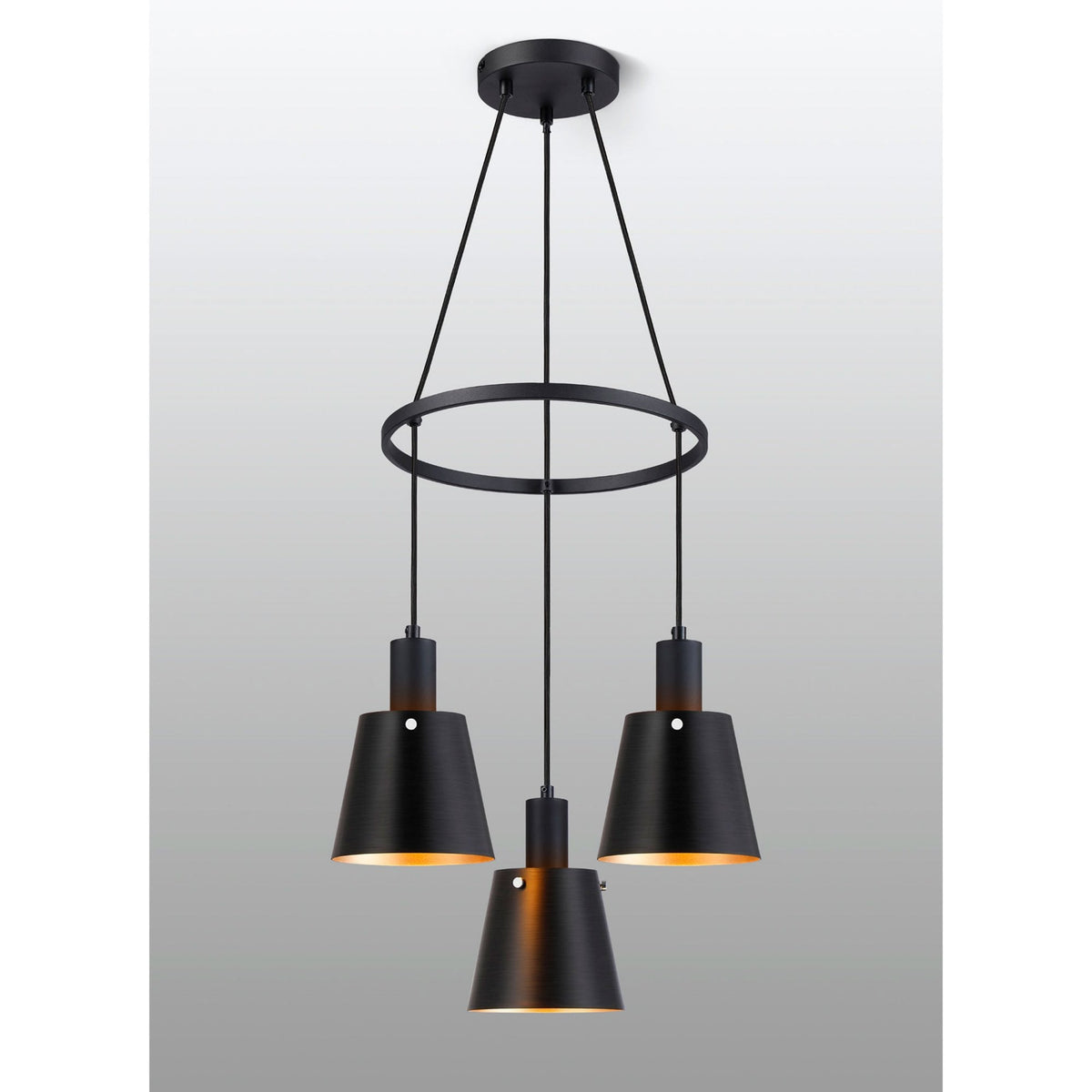 Essington 3 Drop Ring Pendant with Sand Black and Gold Metal Shades