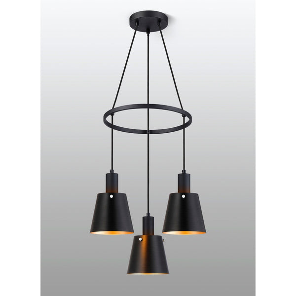 Essington 3 Drop Ring Pendant with Sand Black and Gold Metal Shades