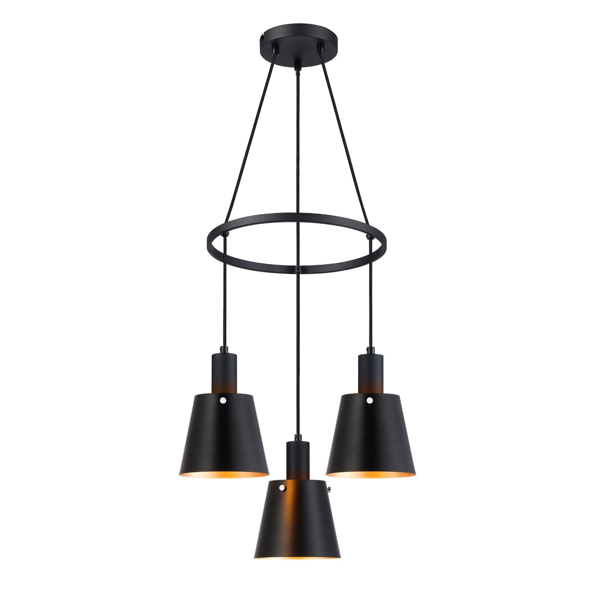 Essington 3 Drop Ring Pendant with Sand Black and Gold Metal Shades