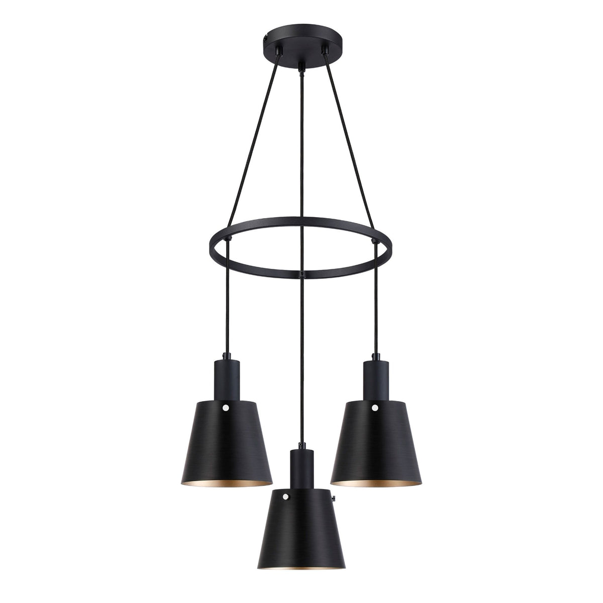 Essington 3 Drop Ring Pendant with Sand Black and Gold Metal Shades