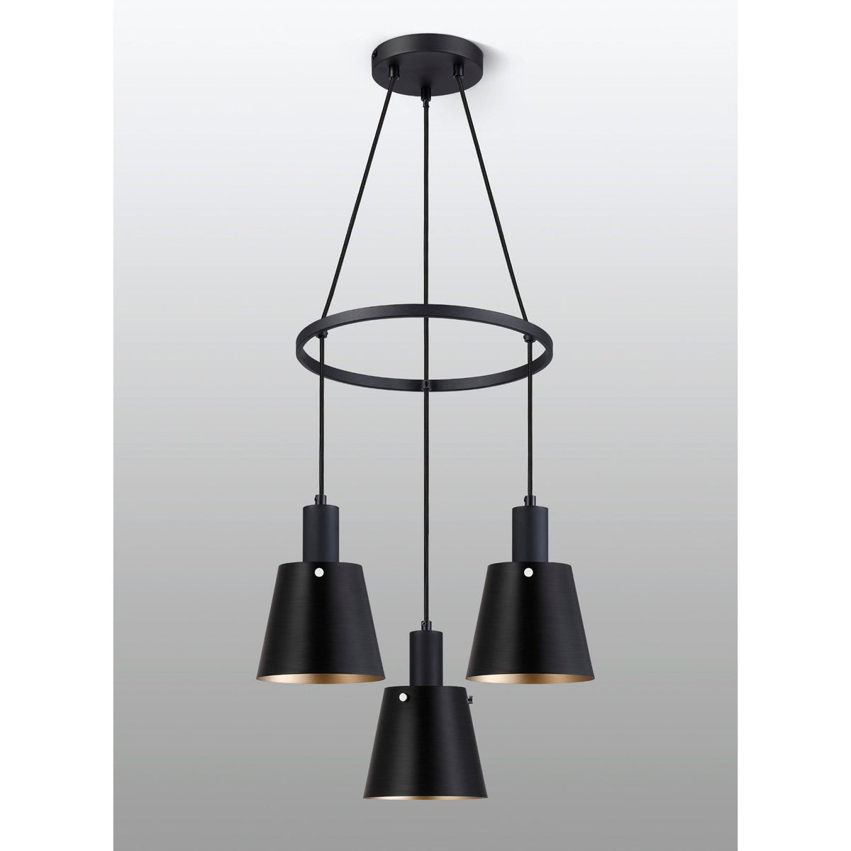 Essington 3 Drop Ring Pendant with Sand Black and Gold Metal Shades