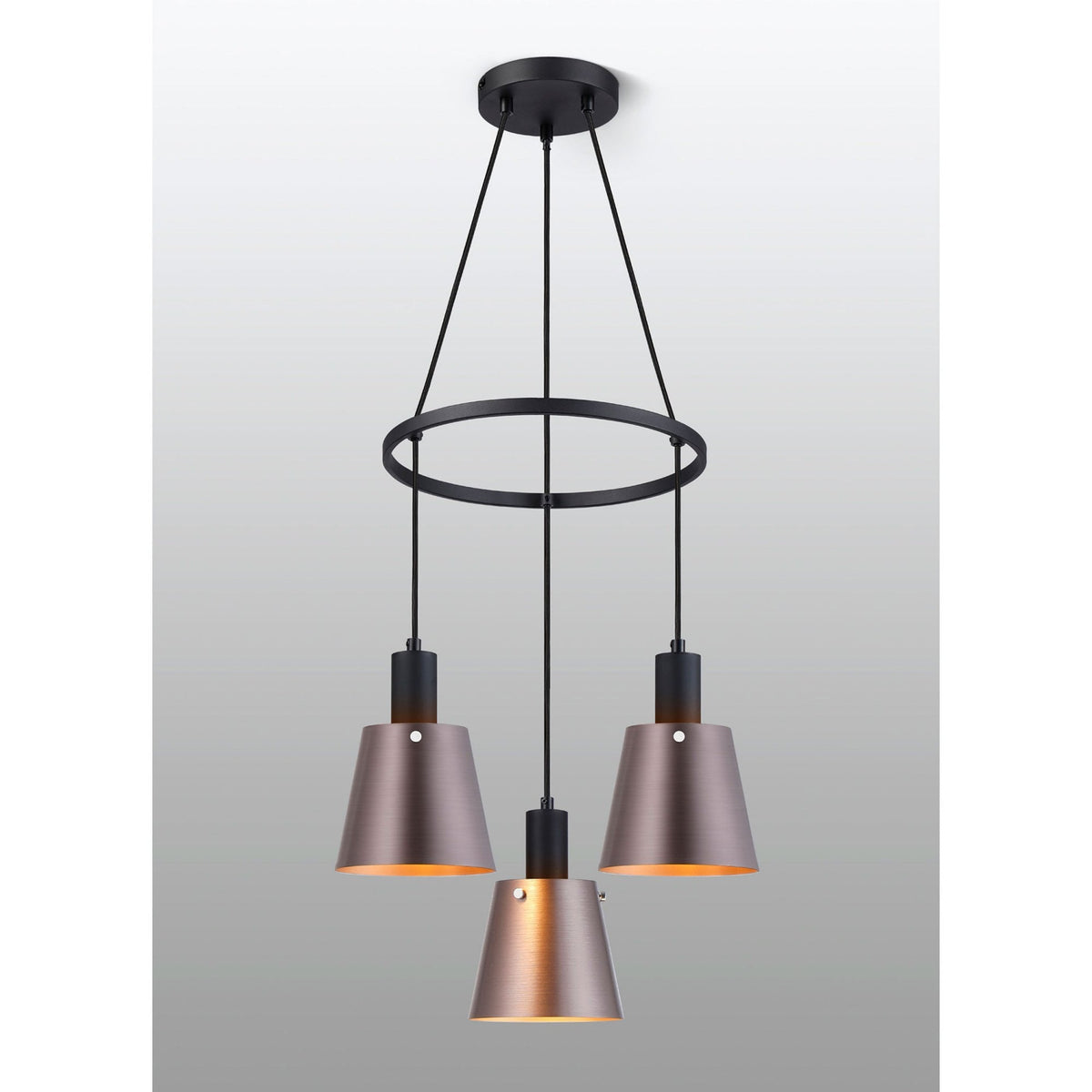 Essington 3 Drop Ring Pendant with Brown and Copper Metal Shades
