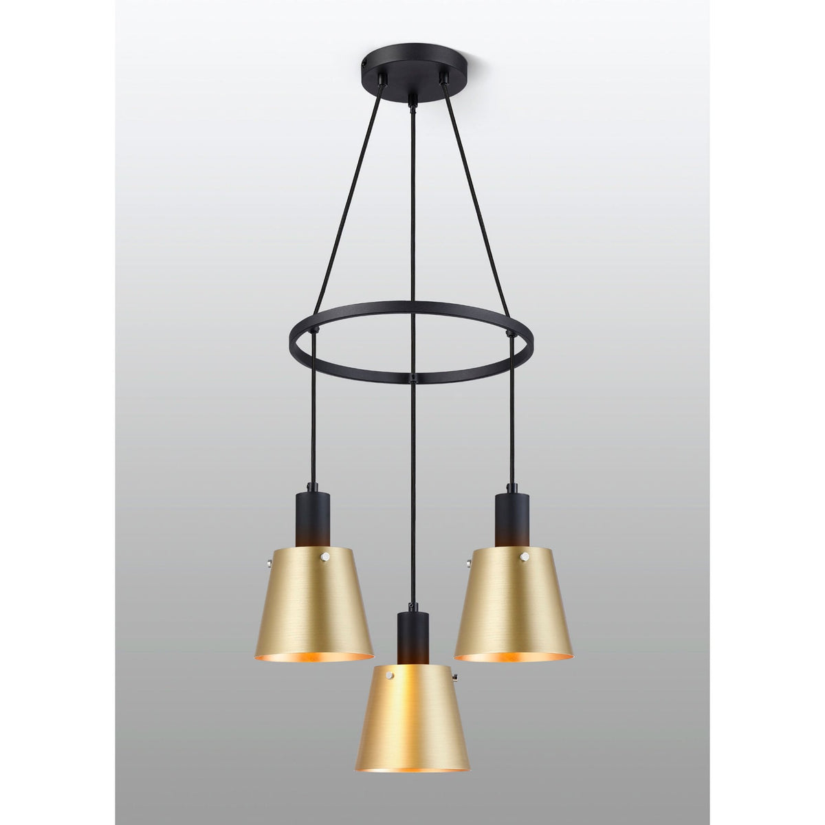 Essington 3 Drop Ring Pendant with Brass and Gold Metal Shades
