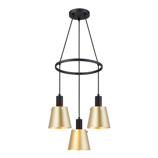 Essington 3 Drop Ring Pendant with Brass and Gold Metal Shades