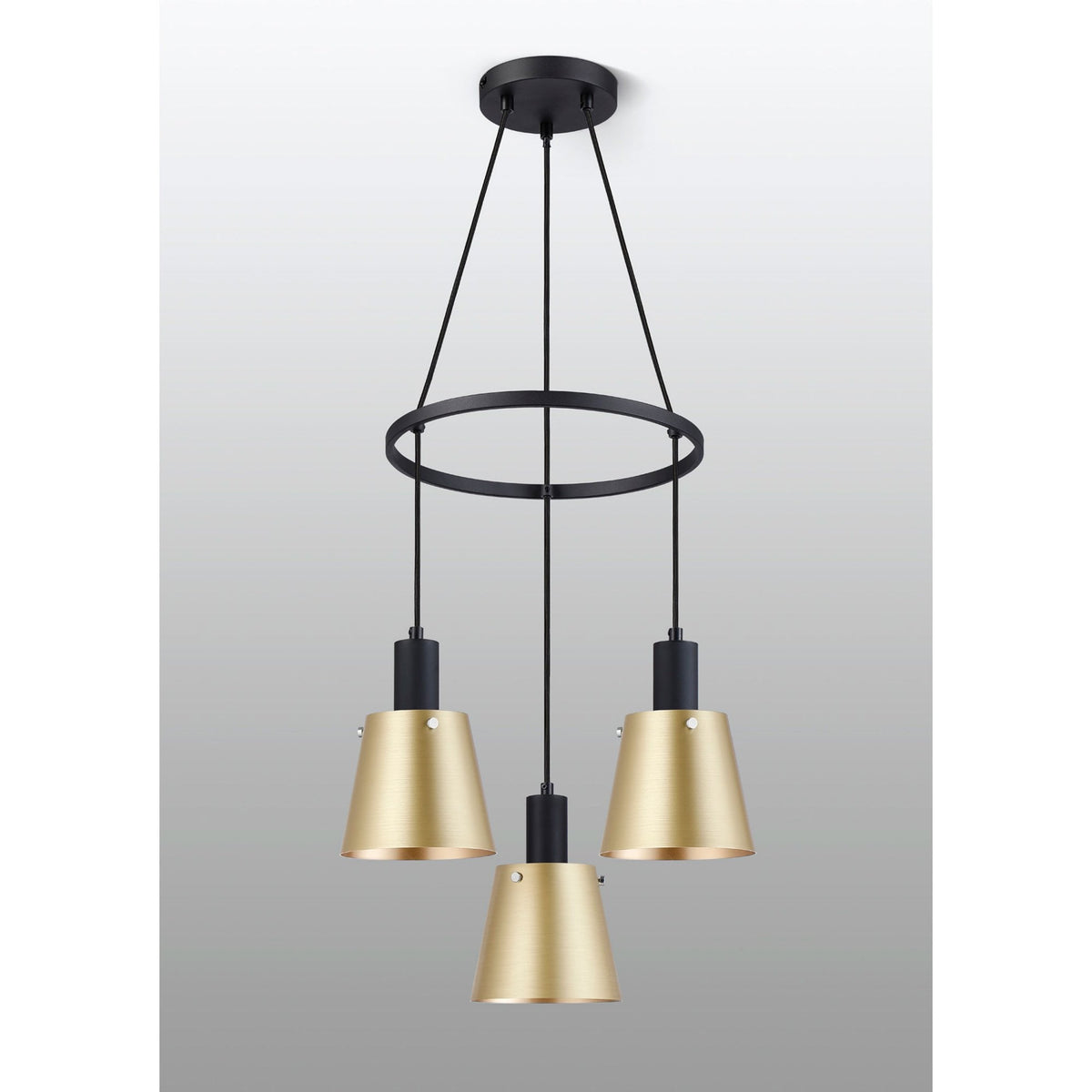 Essington 3 Drop Ring Pendant with Brass and Gold Metal Shades