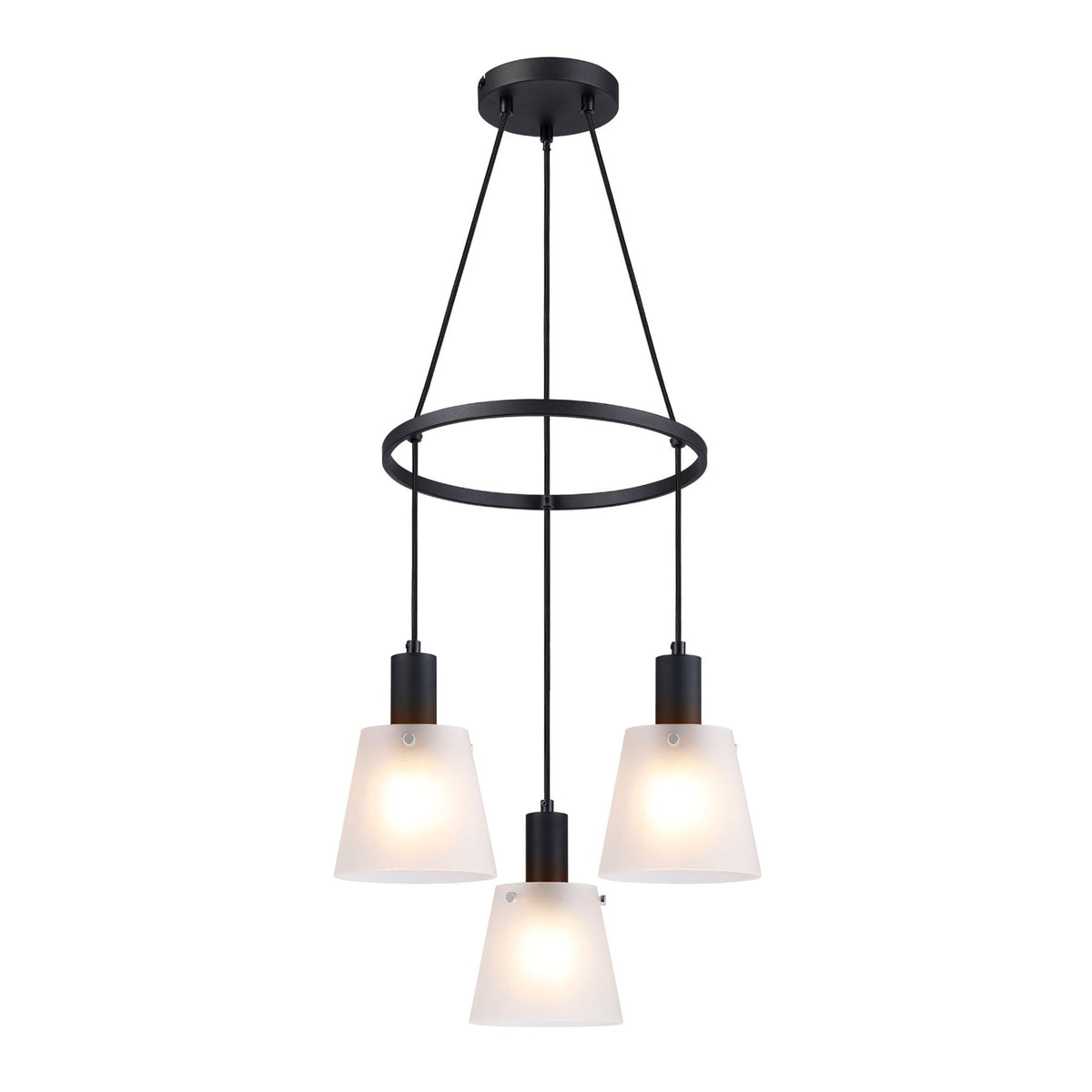Essington 3 Drop Ring Pendant with White Frosted Glass Shades