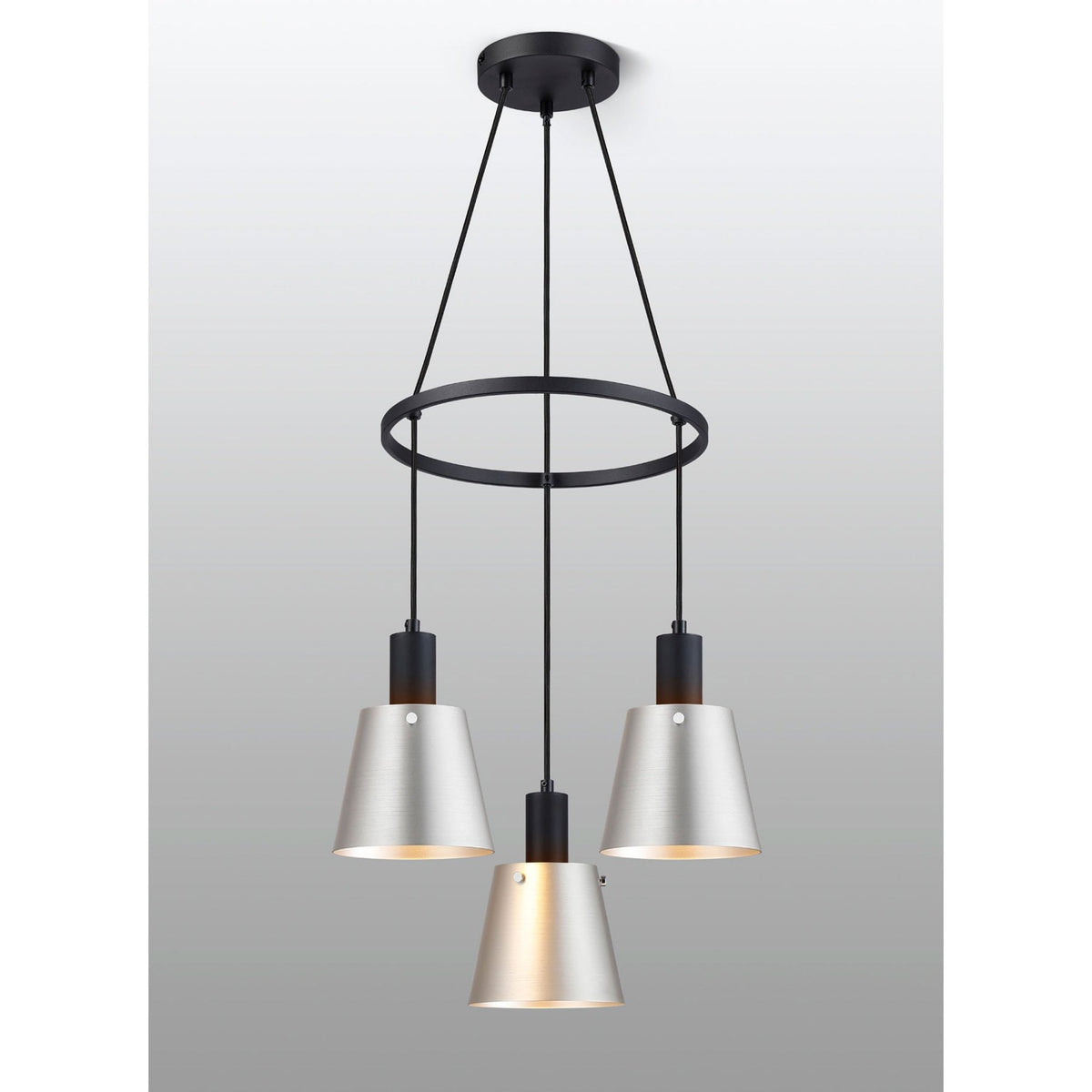 Essington 3 Drop Ring Pendant with Grey and Silver Metal Shades
