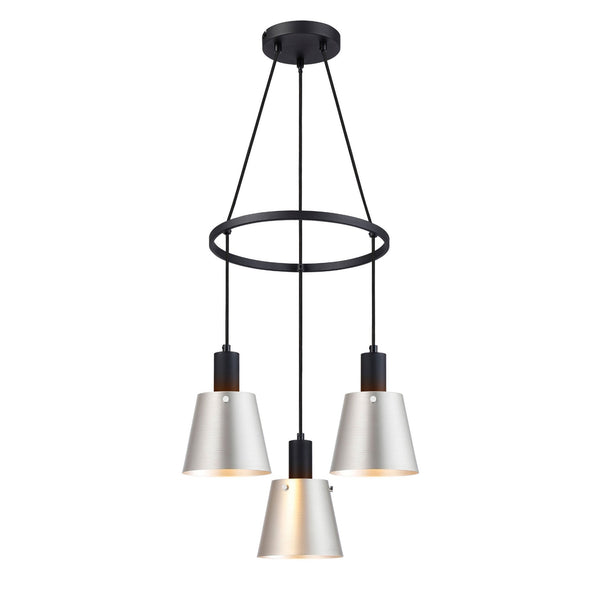 Essington 3 Drop Ring Pendant with Grey and Silver Metal Shades