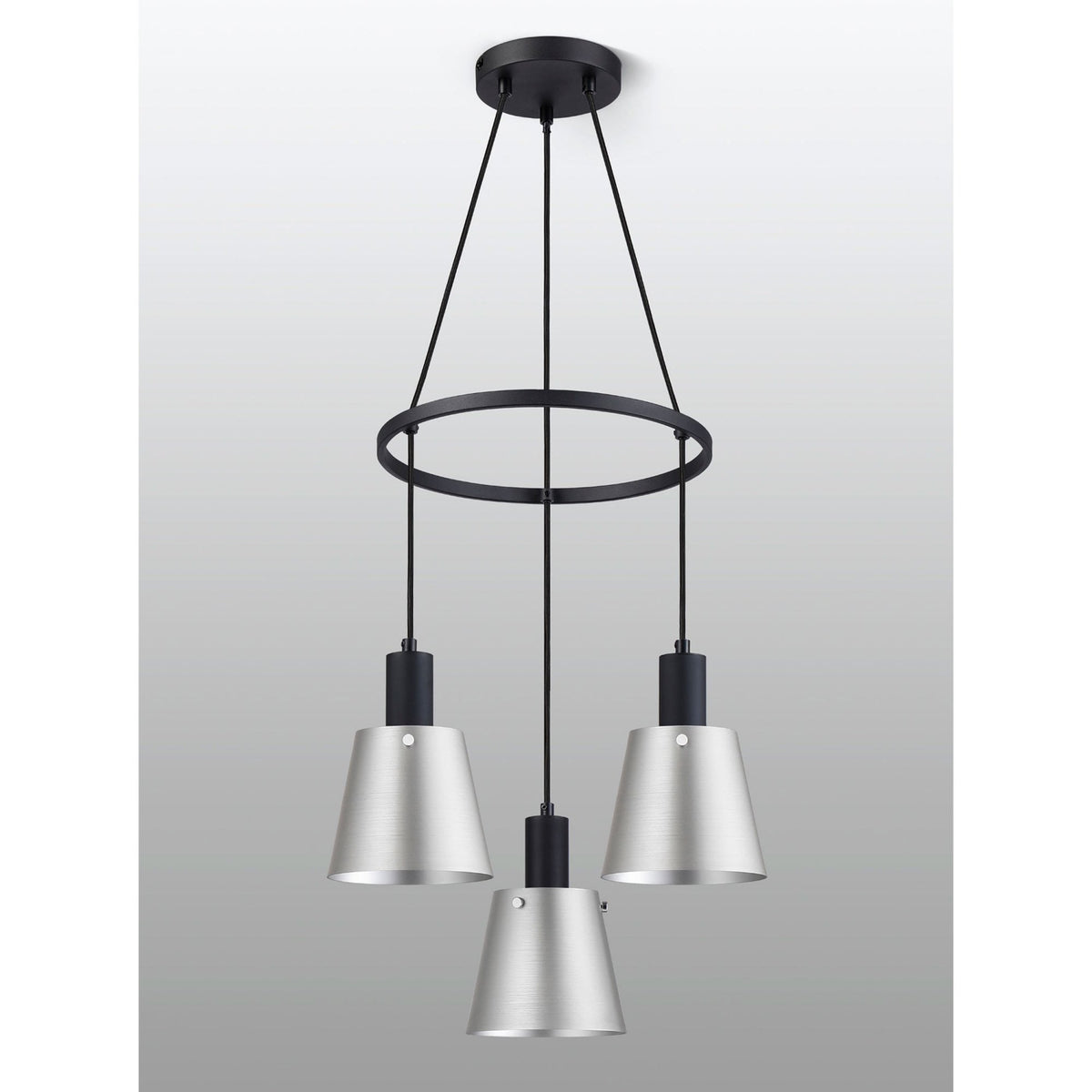 Essington 3 Drop Ring Pendant with Grey and Silver Metal Shades