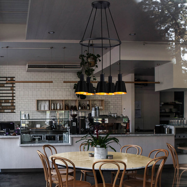 Essington 5 Drop Ring Pendant with Sand Black and Gold Metal Shades