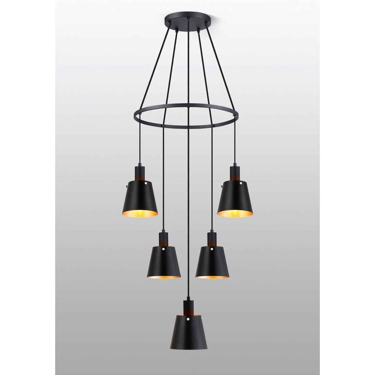 Black five-light chandelier with conical shades and gold interiors on a grey background.