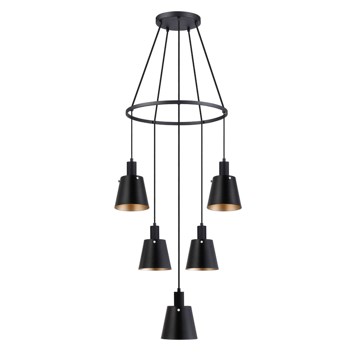 Black five-light chandelier with gold-lined conical shades against a white background.