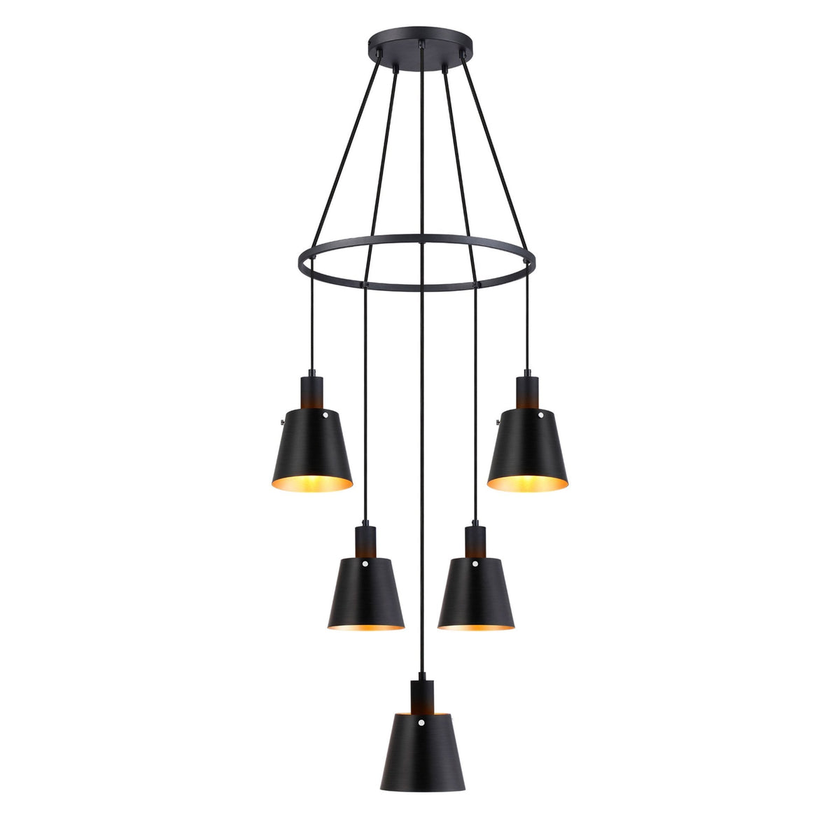 Black five-light chandelier with illuminated gold interior shades on a white background.