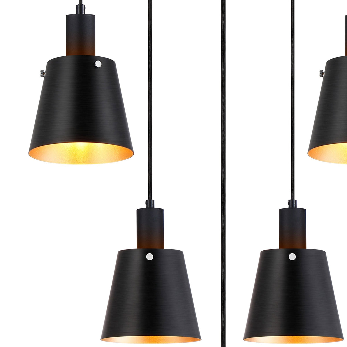 Close-up of black conical light shades with warm golden interiors, part of a chandelier.
