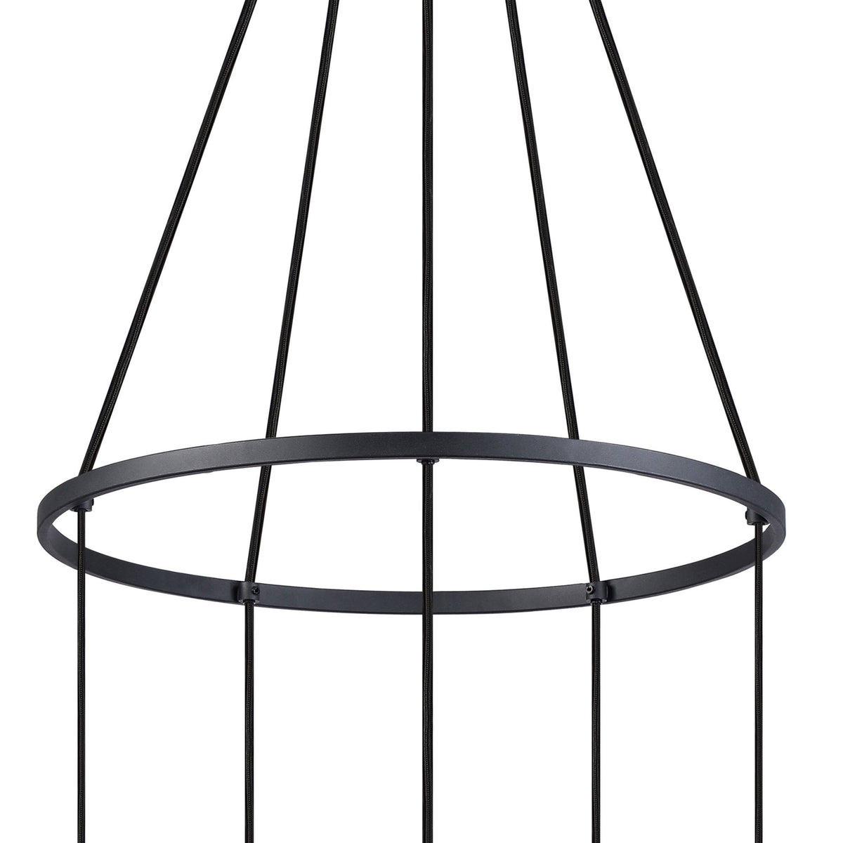 Detail of the black metal frame and circular ring of a modern chandelier.