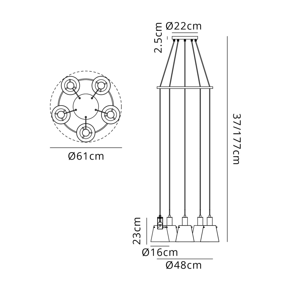 Technical drawing of the five-light chandelier with dimensions in centimetres.