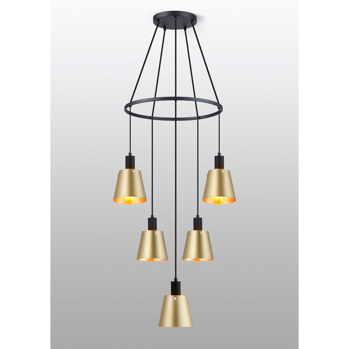 Essington 5 Drop Ring Pendant with Brass and Gold Metal Shades
