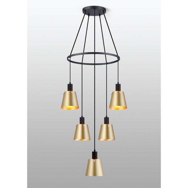 Essington 5 Drop Ring Pendant with Brass and Gold Metal Shades