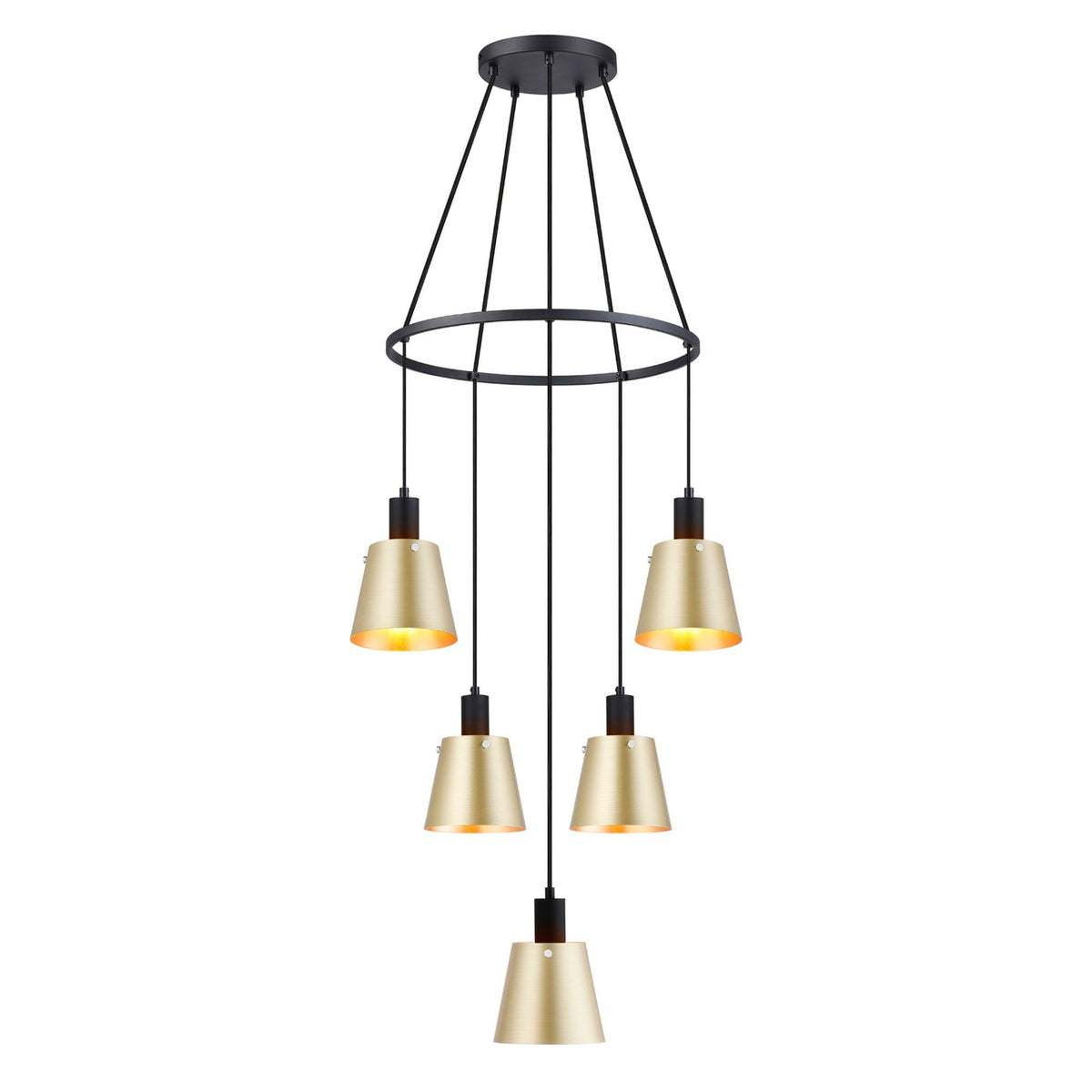 Essington 5 Drop Ring Pendant with Brass and Gold Metal Shades