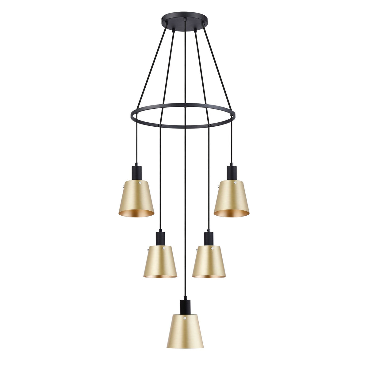 Essington 5 Drop Ring Pendant with Brass and Gold Metal Shades