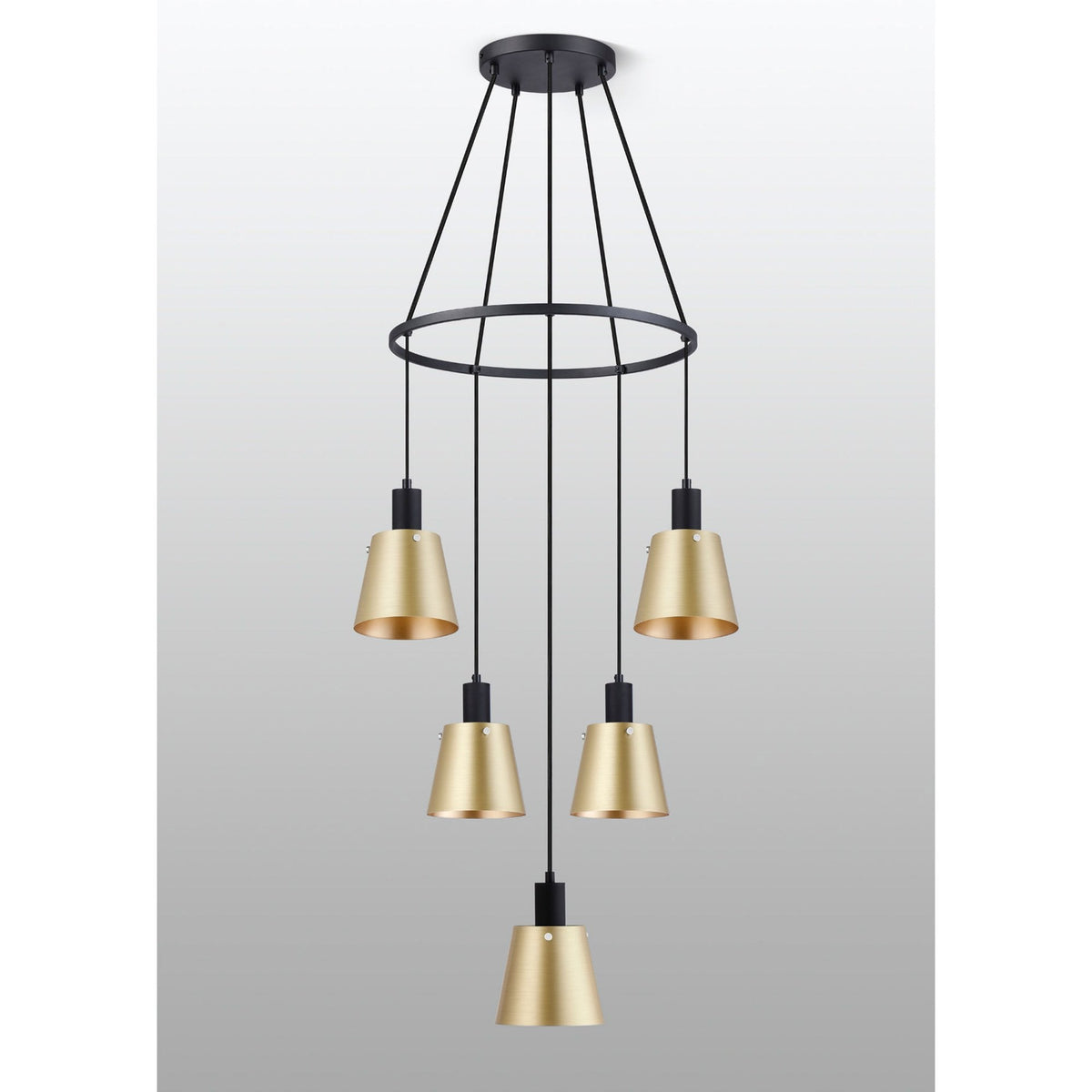 Essington 5 Drop Ring Pendant with Brass and Gold Metal Shades