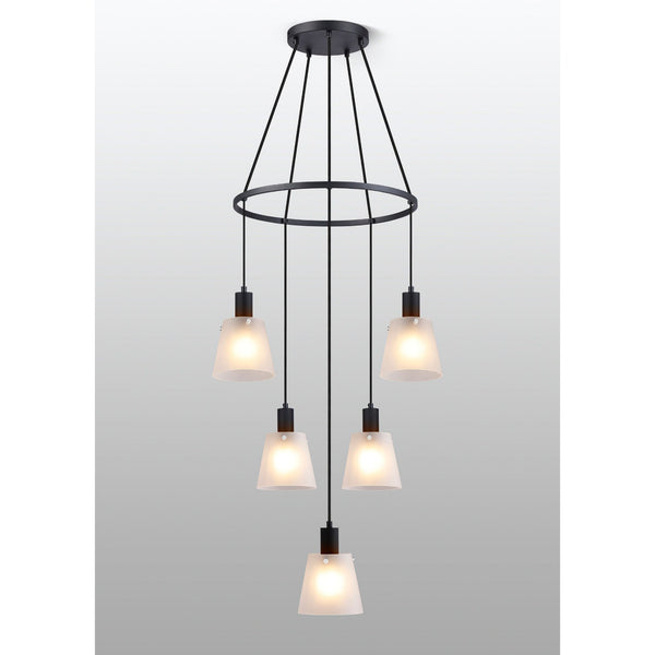 Essington 5 Drop Ring Pendant with Frosted White Glass Shades