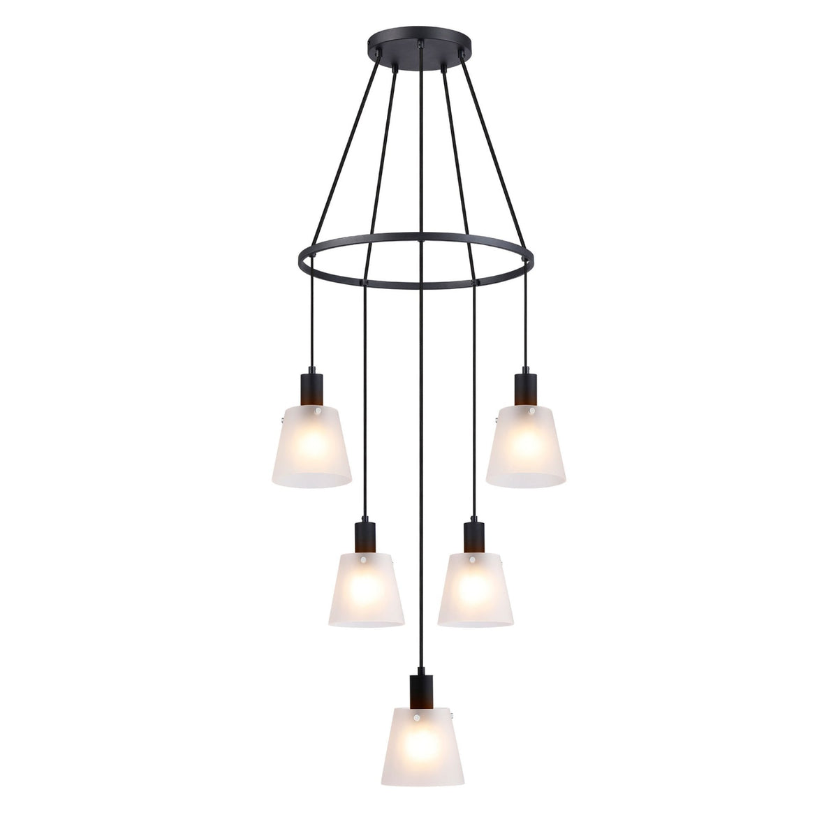 Essington 5 Drop Ring Pendant with Frosted White Glass Shades