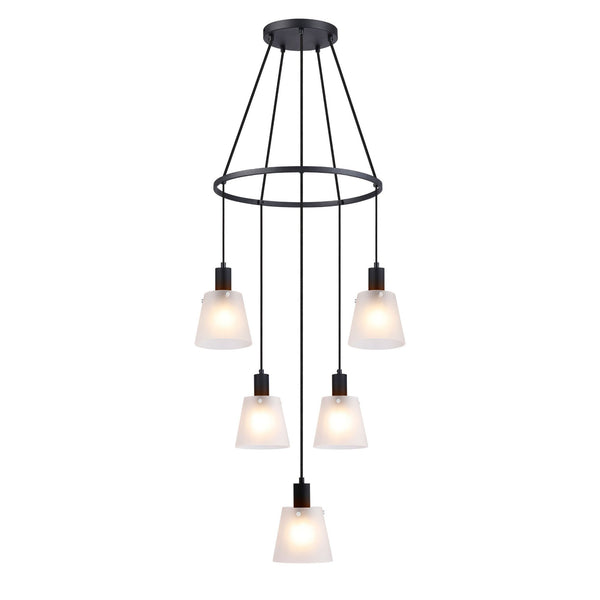 Essington 5 Drop Ring Pendant with Frosted White Glass Shades