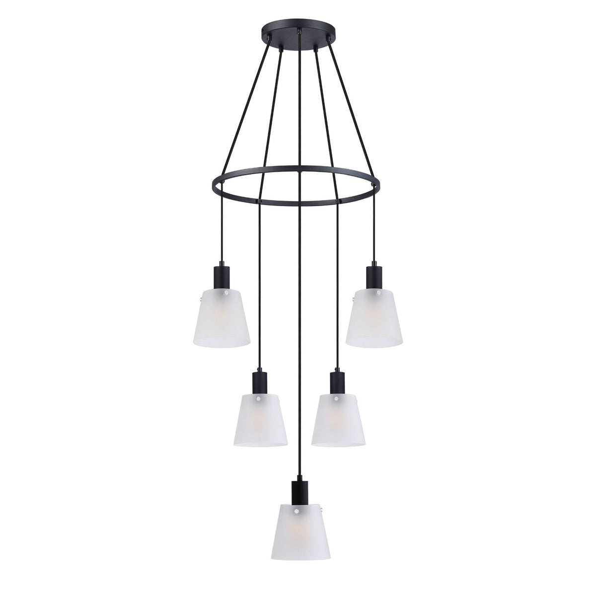 Essington 5 Drop Ring Pendant with Frosted White Glass Shades