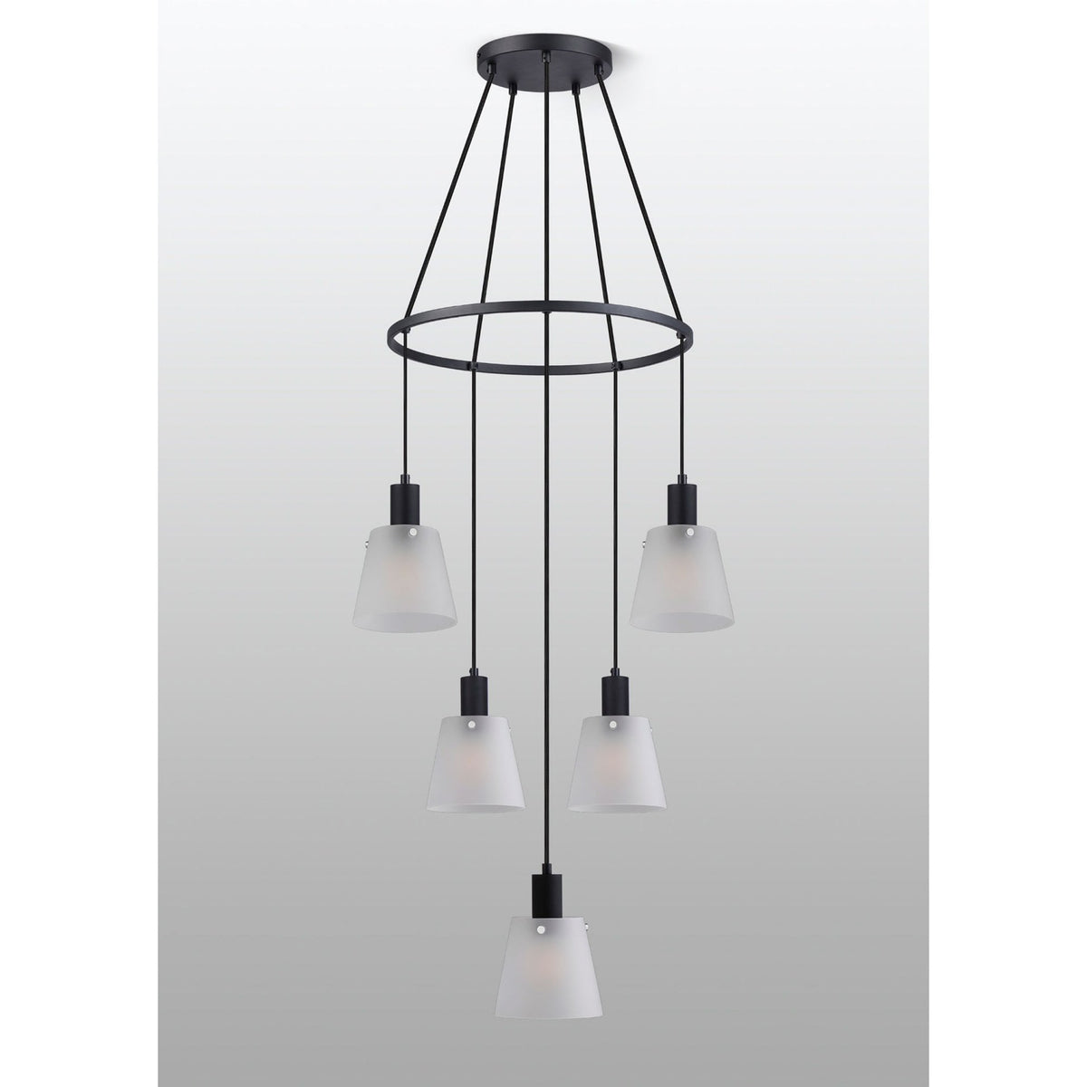 Essington 5 Drop Ring Pendant with Frosted White Glass Shades