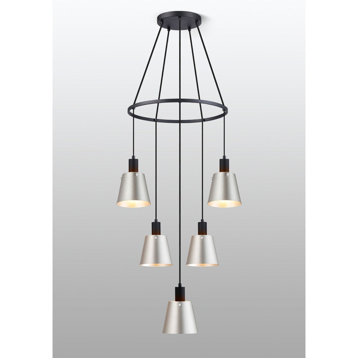 Essington 5 Drop Ring Pendant with Grey and Silver Metal Shades